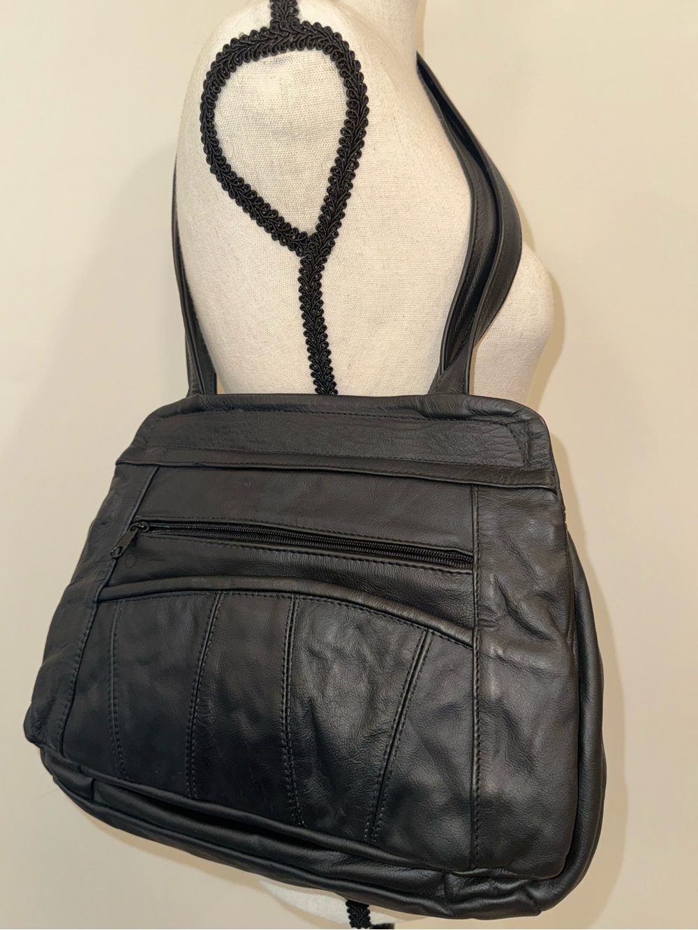 Vintage Soft Black Leather Shoulder Bag Multi Pocket Organizer Purse Boho Y2K - Picture 4 of 8